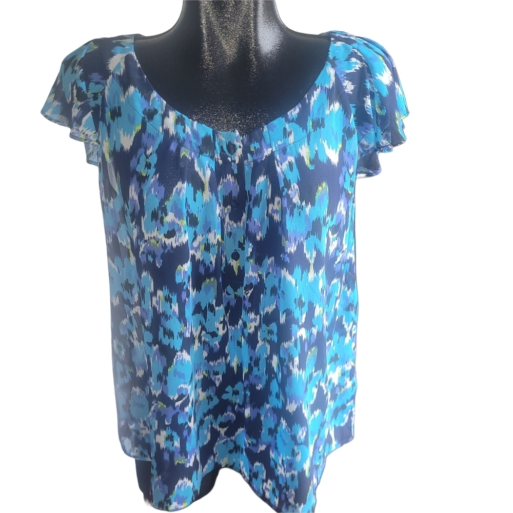 Jessica Blue Patterned Short Ruffled Sleeve Top Size LP